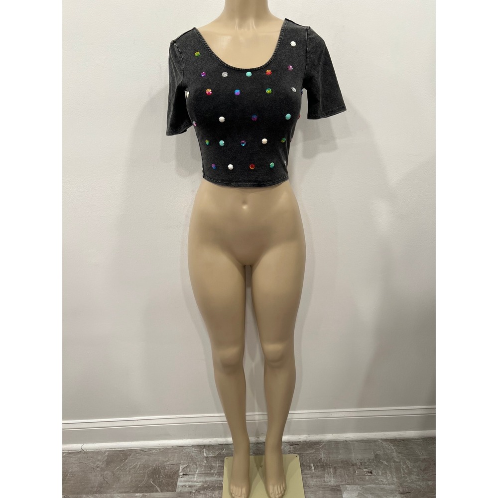 Silence + Noise Crop Top Womens XS Black Acid Wash Embellished Rhinestone - Picture 2 of 11